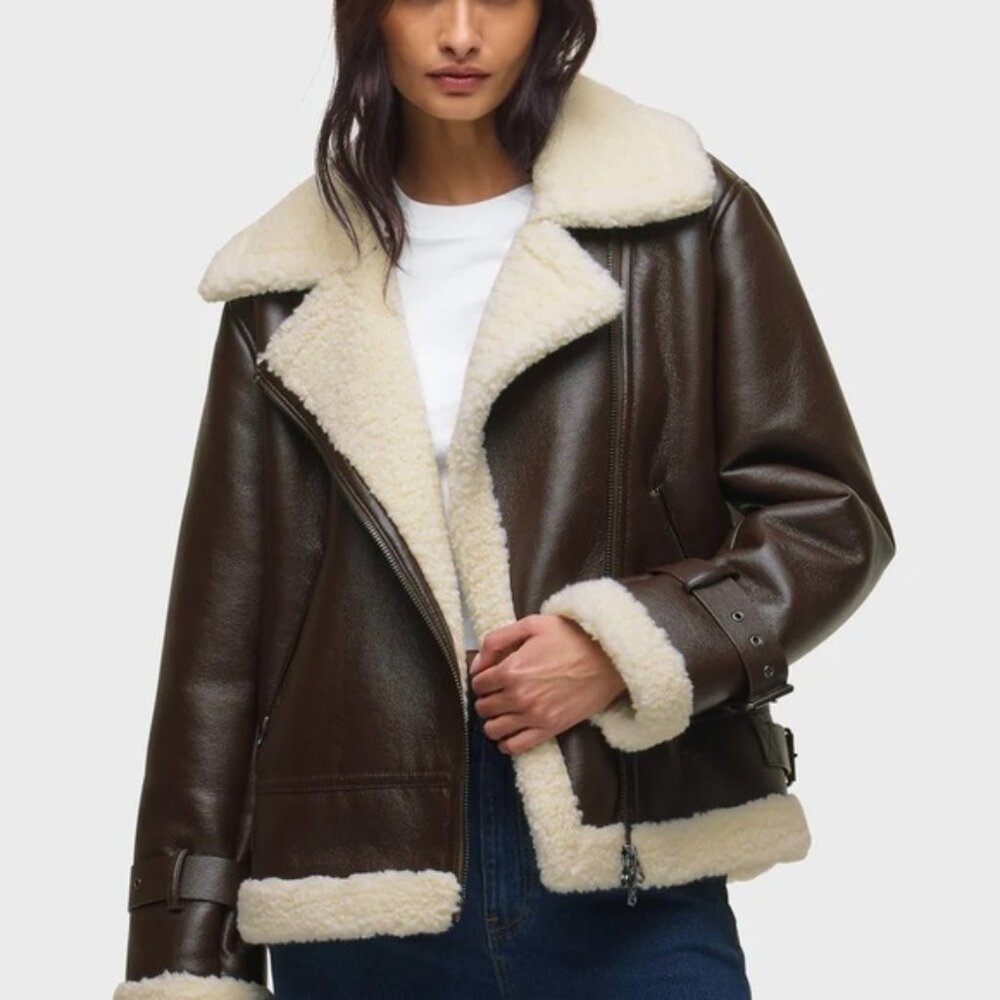 NWT Hudson Jeans Faux Leather Shearling Fur Coat Jacket sz Large